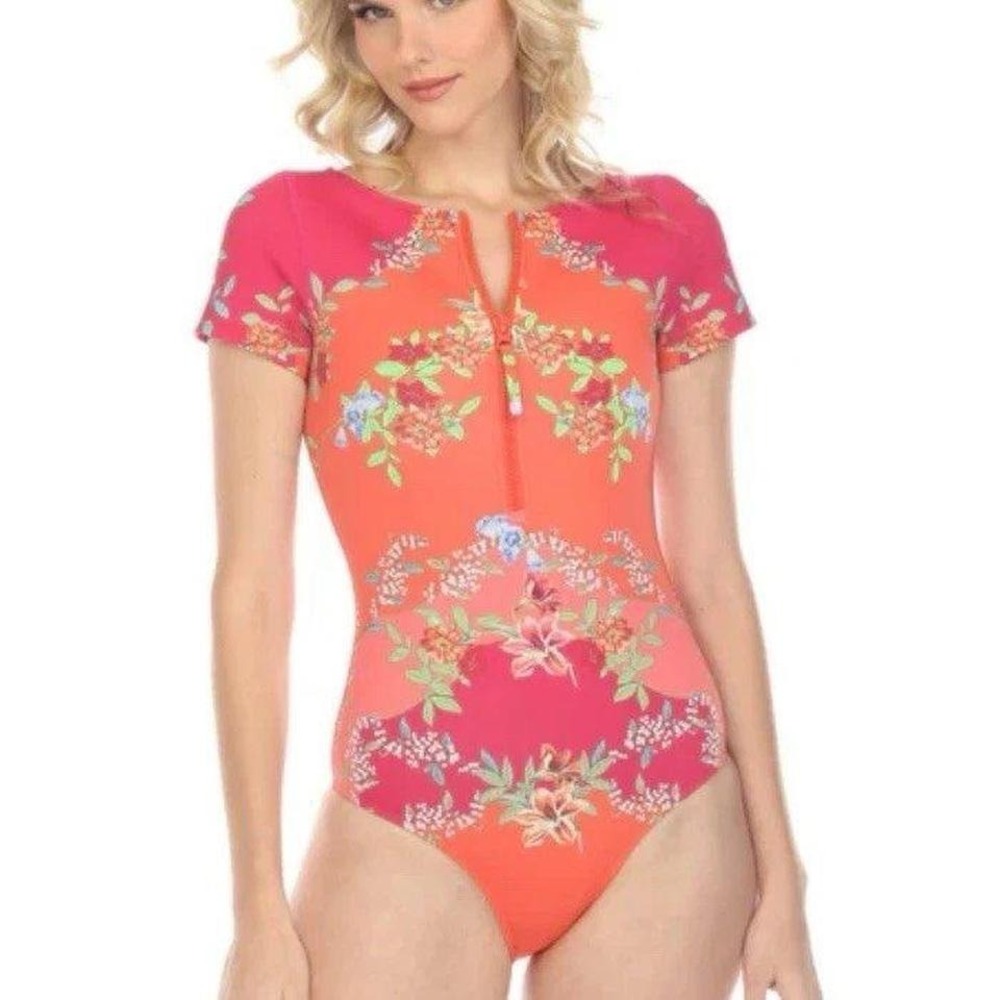 NEW Johnny Was Floral Neoprene Short Sleeve One Piece Swimsuit Pink Orange Small